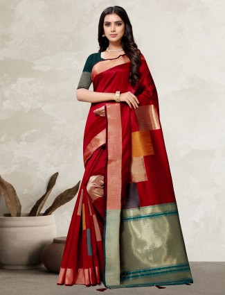Red luxuriant tussar silk wedding function saree