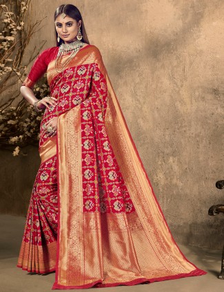 Red magnificent saree for wedding functions in patola silk