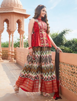 Red palazzo suit in patola silk for wedding and party