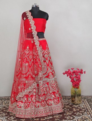 Red precious raw silk wedding events unstitched lehenga choli