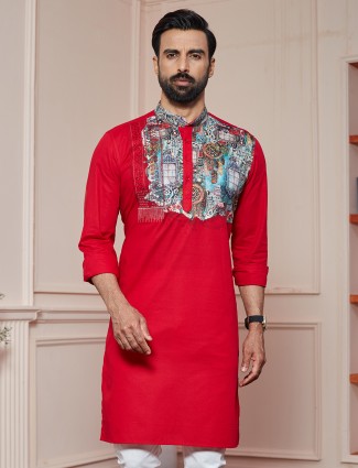 Red printed cotton kurta for men