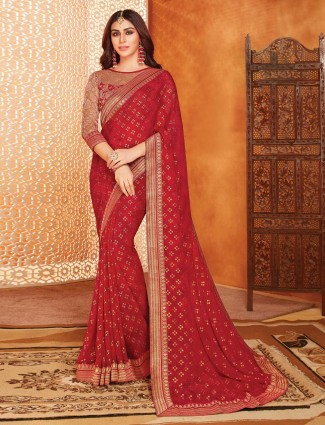 Red printed georgette saree with gota border