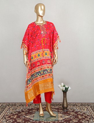 red printed patola silk punjabi kaftan style pant set