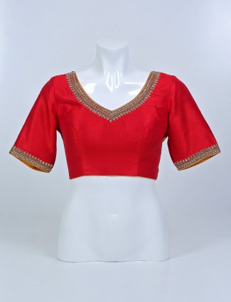 Red raw silk diamond decorated blouse for women