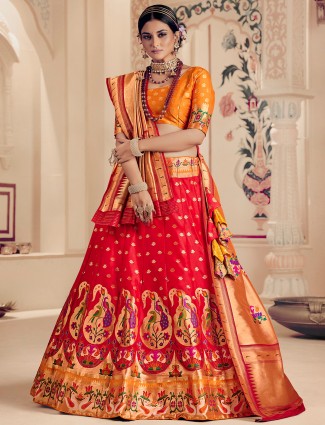 Red rich color beautiful banarasi silk unstitched lehenga choli