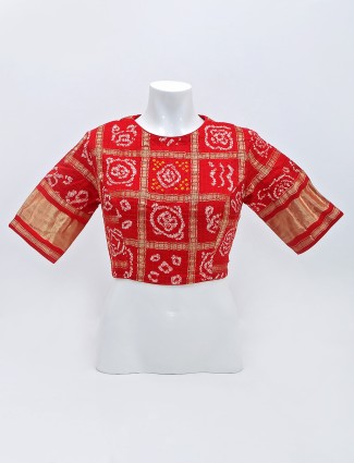 Red round shape neckline ready made blouse
