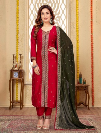 Red silk salwar suit with dupatta
