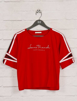 Red solid cotton round neck top