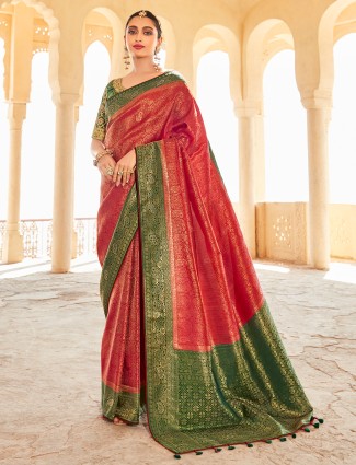 Red traditional look kanjivaram silk wedding saree for women