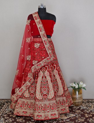 Red wedding wear unstitched lehenga choli in velvet