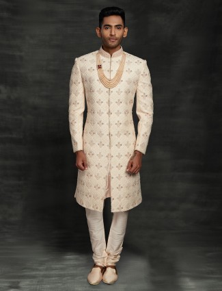 Refined lakhnavi thread woven silk sherwani in beige