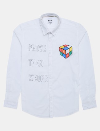 Relay printed pure white cotton shirt for men