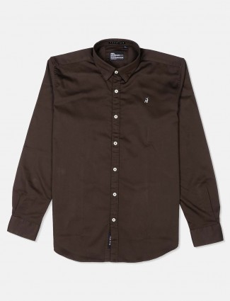 River Blue solid coffee brown cotton shirt