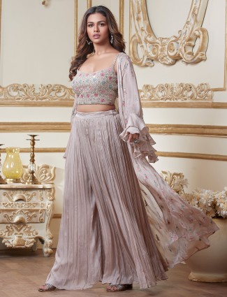 Rose pink hue georgette wedding sessions palazzo suit