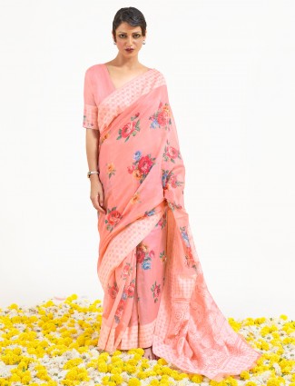 Rose pink wedding events saree in linen with lucknowi work