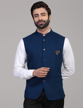 Royal blue solid knitted waistcoat