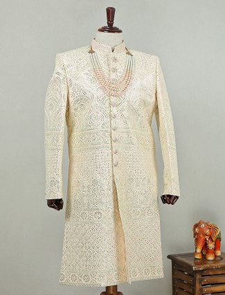 Royal silk sherwani in cream color