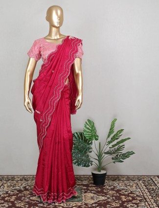 Ruby pink latest wedding silk sari with ready made blouse