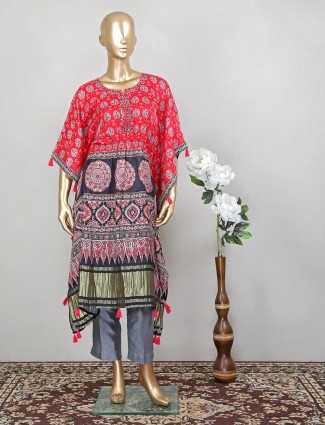 Ruby red printed cotton punjabi kaftan style pant set