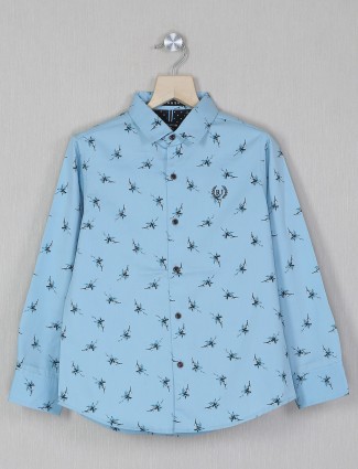 Ruff sky blue printed cotton boys shirt