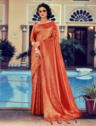 Rust orange attirable trending kanjivaram silk saree for wedding