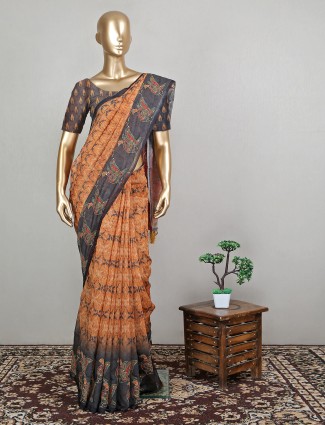 Sandstone orange latest designer wedding cotton silk saree