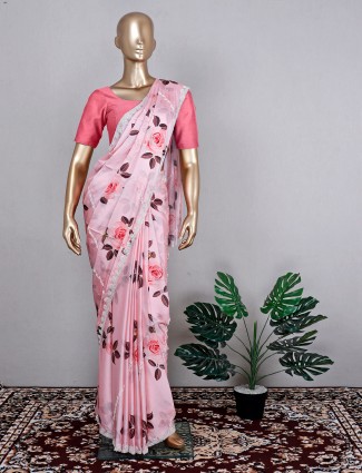 Satin pink wedding wear saree for women