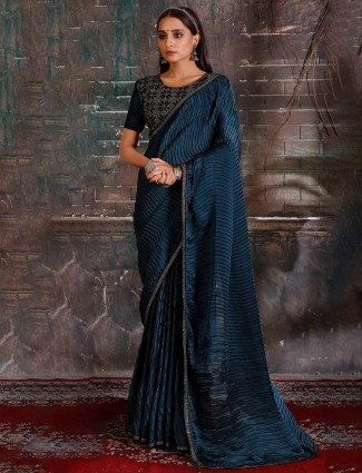 Satin silk party and reception look saree in prussian blue