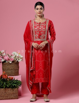 Satin silk salwar suit for wedding in red color