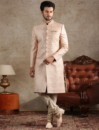 Silk beige and pink wedding sherwani