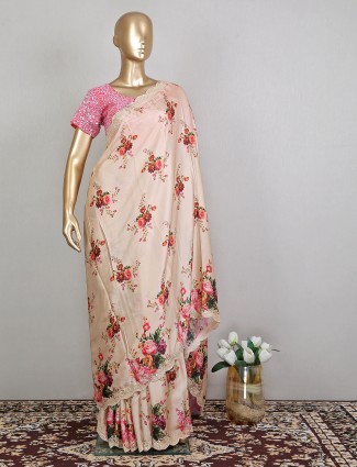 Silk printed peach wedding event saree with ready made blouse