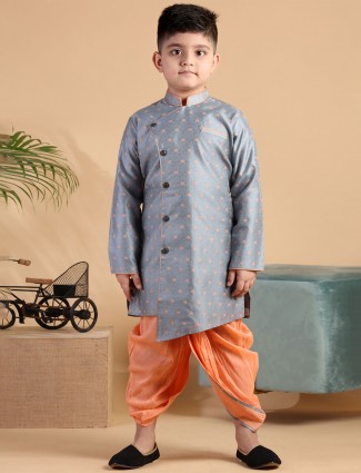 Silk grey and peach full sleeve kurta suit for boys