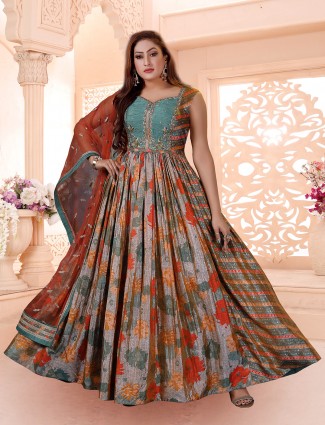 Silk multi colored designer anarkali salwar kameez