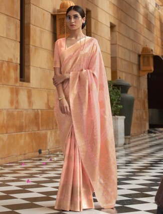 Silk wedding look alluring rose pink zari weaving saree