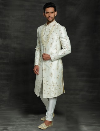 Silk wedding wear off white sherwani