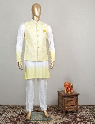 Silk yellow and white waistcoat set for wedding occasion