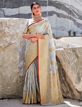 Simple silver silk saree for women