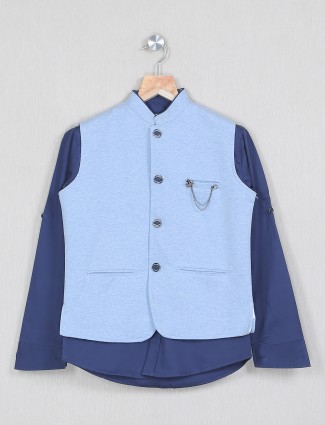 Sky blue color solid raw silk waistcoat with kurta