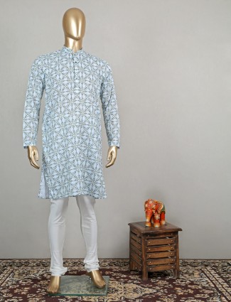 Sky blue colored printed kurta set in cotton