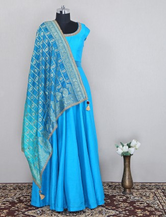 Sky blue cotton silk floor-length anarkali suit for wedding