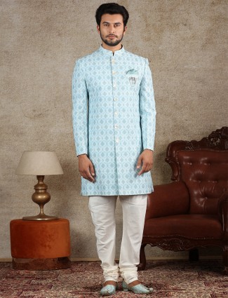 Sky blue cotton silk indo western for party