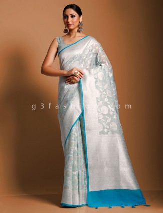 Sky blue designer saree in banarasi organza silk