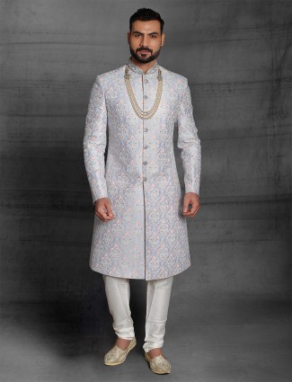 Sky blue wedding wear sherwani in raw silk fabric