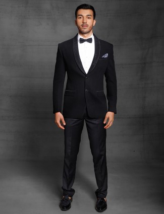 Solid black colored terry rayon tuxedo coat suit for men