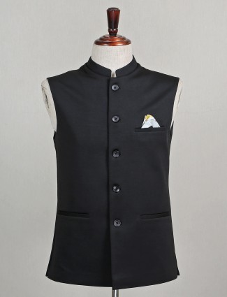 Solid black cotton silk party wear waistcoat set