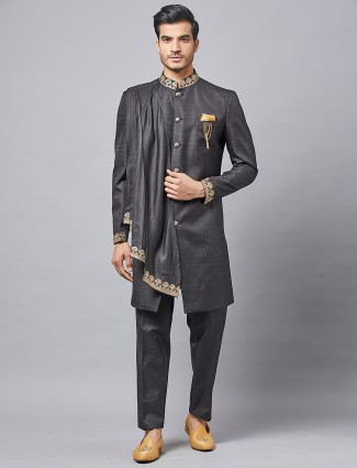 Solid black silk indo western wedding wear