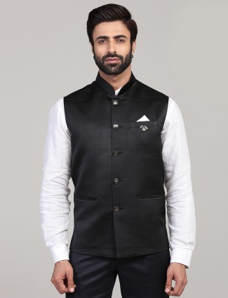 Solid black terry rayon party wear mens waistcoat