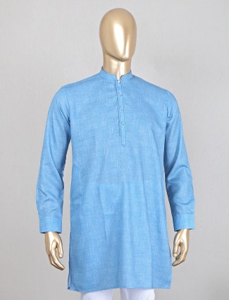 Solid blue cotton festive mens short pathani kurta