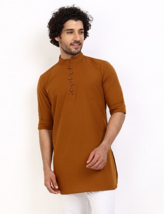 Solid brown cotton mens festive wear kurta