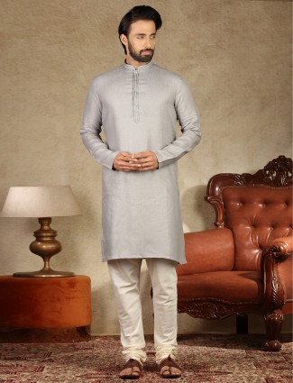 Solid grey cotton mens kurta suit